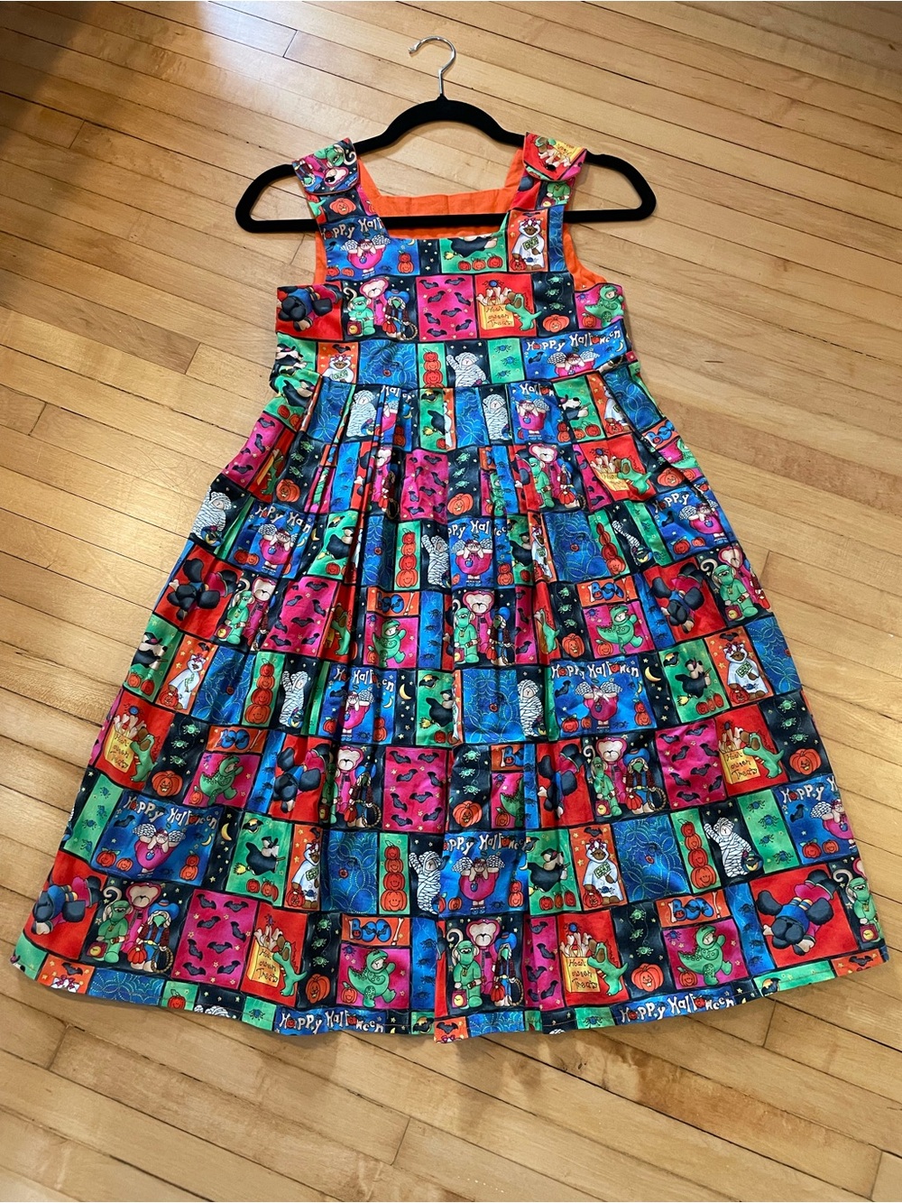 Vintage Girls Halloween Patchwork Jumper Dress Handmade Pleated Twirl Midi Maxi